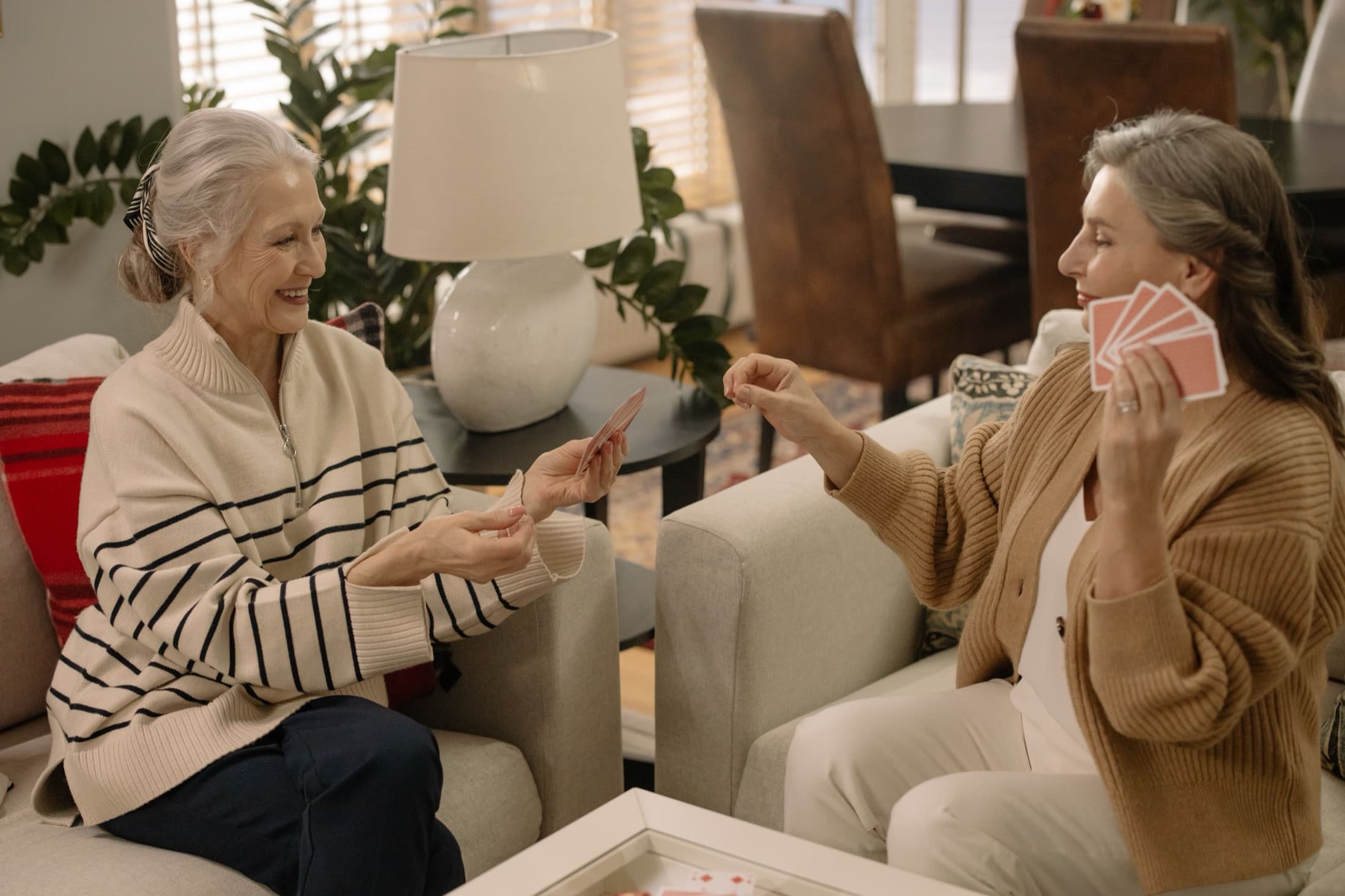 Two residents playing cards together in a sunlit sitting room