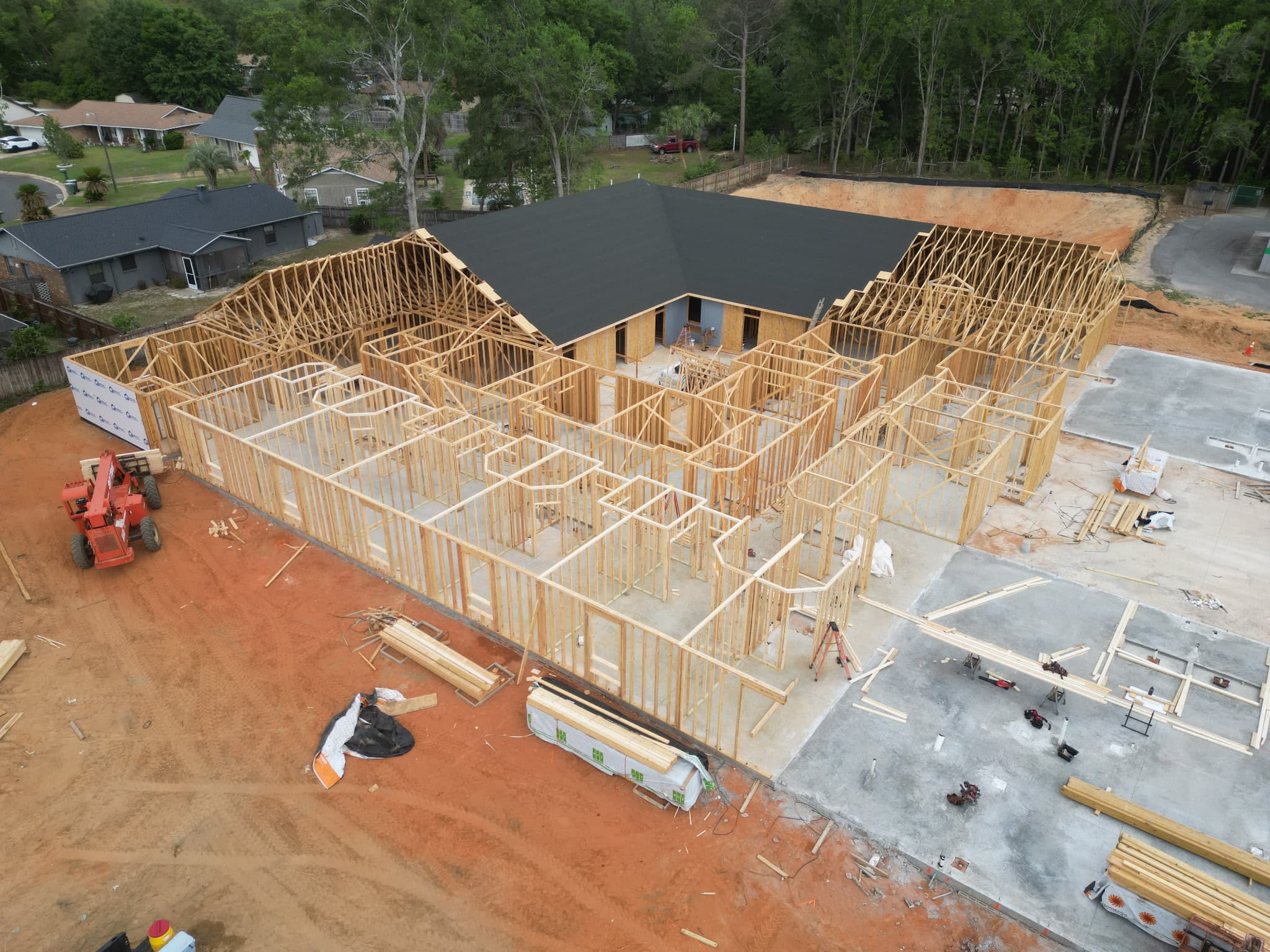 Aerial view of the Scarlet Manor building frame under construction